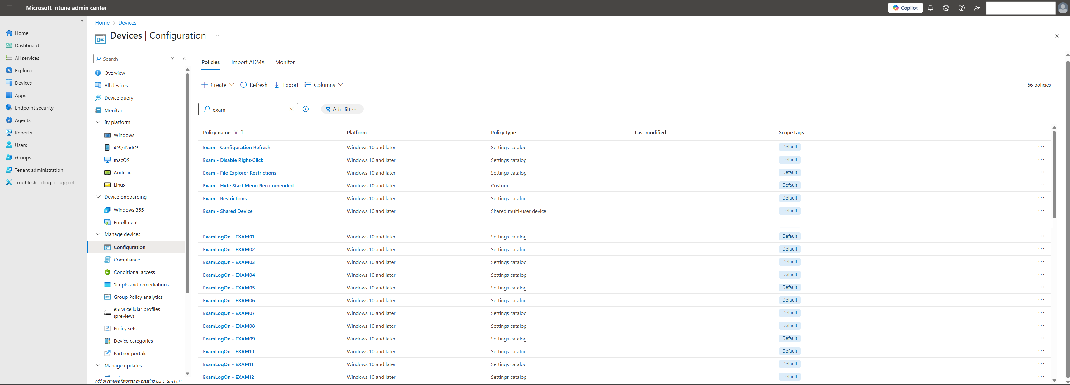 Intune Device Configuration Profile showing Restriction categories