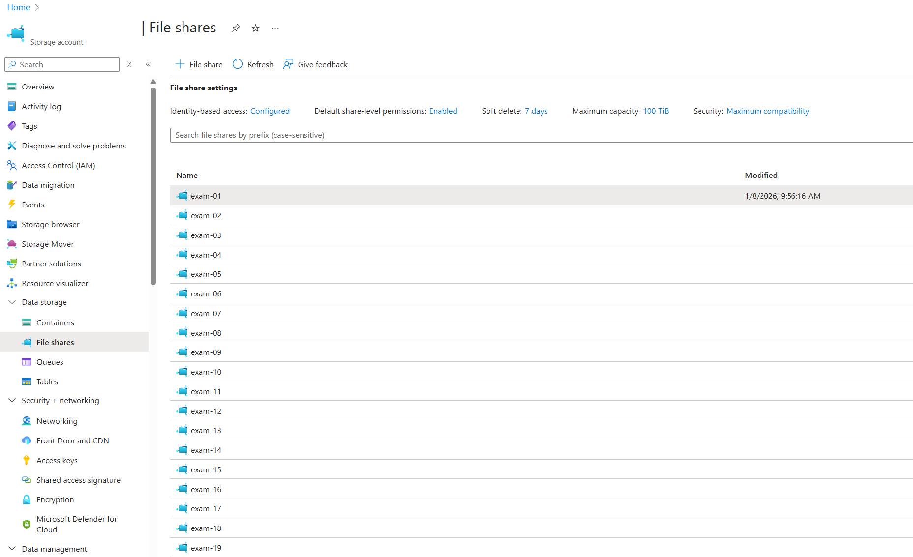 Azure Storage Account showing 48 distinct student folders