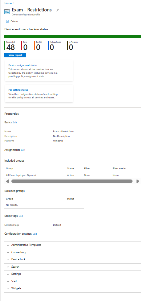 Intune Device and user check-in status showing 48 Succeeded